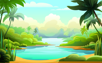 Sandy bank in river. Jungle forest. Palm trees and tropical plants. Southern thicket. Nature view. Beautiful funny cartoon style. Fun scenario. Vector