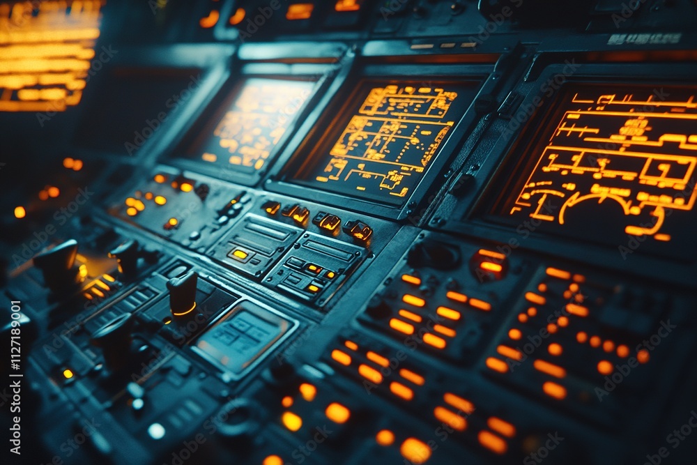 Poster Futuristic control panel with glowing buttons and schematics