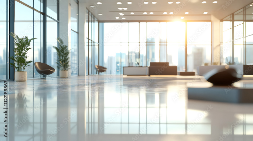 Poster Sunset view from large windows in an empty modern office lobby, creating a spacious and bright ambiance with cityscape