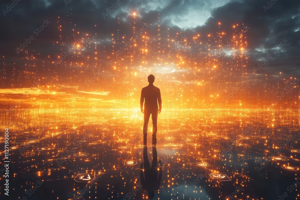 Poster digital finance visual with a man standing amid floating bitcoin tokens and sleek, glowing accents.