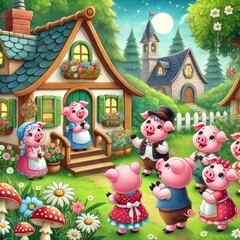 иллюстрация к  сказка три поросенка в сказочном стиле
