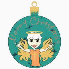 Merry Christmas greetings. New Year's toy with angel and snowflakes.