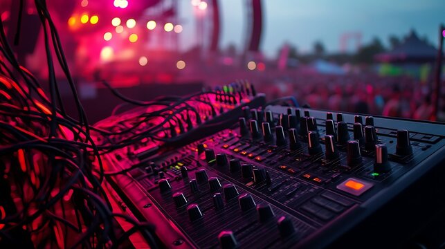 Close-up of a sound mixing console at an outdoor music festival at dusk.