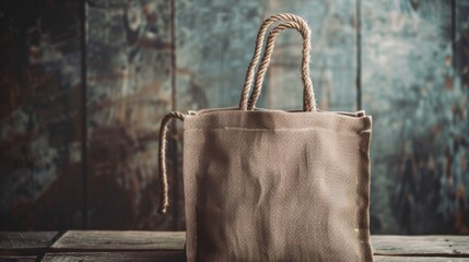 Rustic jute bag with rope handles on wooden background