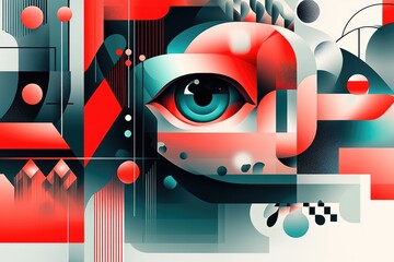 Abstract Geometric Eye Composition Featuring Red and Teal Tones