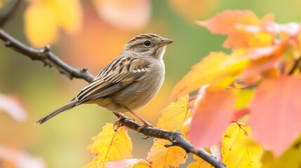 A small bird perched on a branch with vibrant autumn leaves in the background.