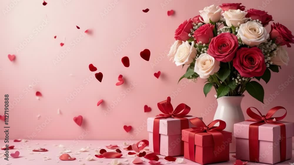 Aufkleber a bouquet of roses and a white vase are placed on a table with a pink background. the roses are arra