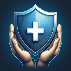 Hand holding a shield marked with a cross to symbolize protection and healthcare access
