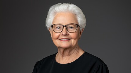 A stylish older woman with silver hair and glasses smiles warmly