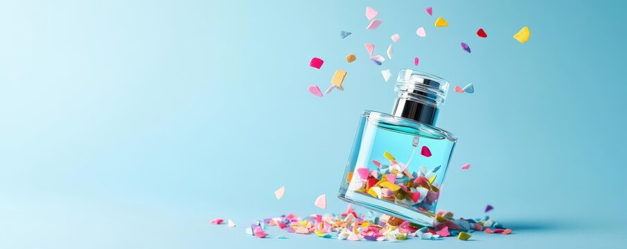 Broken perfume bottle spilling colorful fragrance as vaporized mist