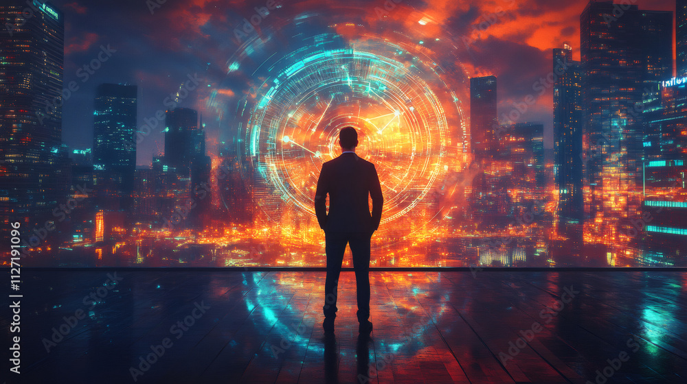 Aufkleber businessman standing in front of holographic futuristic user interface with data analysis over smart