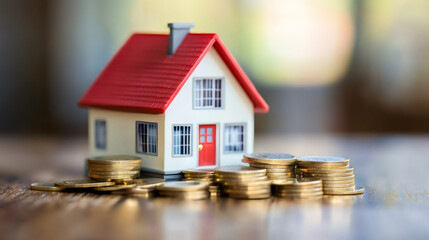 Stacks of coins supporting a miniature house symbolizing savings for mortgage, down payment, or real estate investment