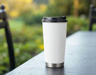 White Reusable Coffee Cup with Stainless Steel Base and Black Plastic Lid on Outdoor Table
