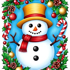 Christmas scene with Snowman with hat and scarf
