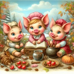 иллюстрация к  сказка три поросенка в сказочном стиле
