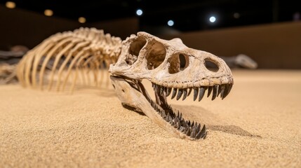 Prehistoric Dinosaur Fossil Skeleton in Sand Display