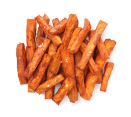 Delicious sweet potato fries isolated on white, top view