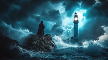 Jesus as a lighthouse keeper guiding ships safely through a violent storm with divine light and strength