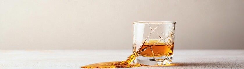 Cracked glass tumbler with whiskey spilling like molten gold