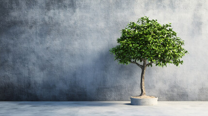 Lush green tree growing in simple concrete pot against a gray concrete wall, symbolizing resilience, growth, and the power of nature