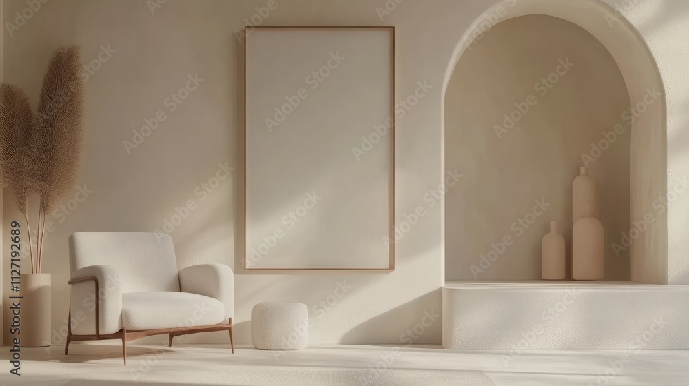 Wall mural Interior design of modern living room with accent white armchair and frame on wall,White sofa and accent coffee table against arch wall,japandi interior design of modern living room, Minimalist, Ai