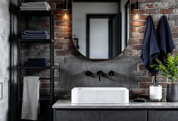 Modern Industrial Bathroom Design with Brick Wall and Minimalist Fixtures