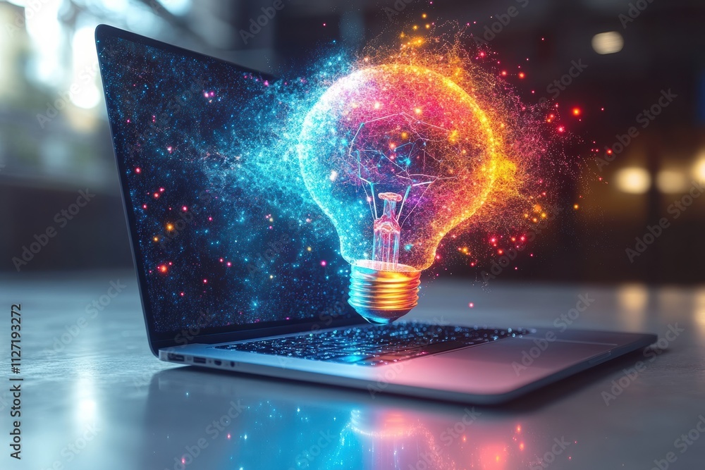 Aufkleber dynamic floating bulb and laptop design, showcasing business ideas and tech-driven creativity in a m