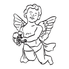 Antique angel baby cupid illustration. Isolated vintage cherub greek statues, retro little angel with flower bouquet in doodle line art tattoo style for poster, placard or wedding invitation design.