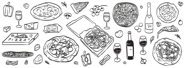 Wine and italian pizza vector Illustrations for invitations, pizzeria or cafe menus and parties. Hand drawn crayon food illustration. Sketch style lunch or dinner icons. La dolce vita italian style.