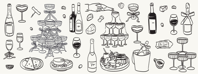 Wine, champagne with cheese platte vector illustration. Charcuterie board. Food and drinks drawing in doodle ink sketch style for wedding party. Cheddar, parmesan, brie, gorgonzola slices and pieces. © KPstudio