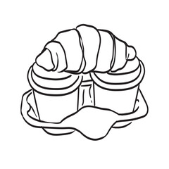 Takeaway coffee with croissant in paper container. Line drawing of coffee with bakery dessert for breakfast. Drawings set perfect for cafe or restaurant menu, placard or poster in doodle ink style.