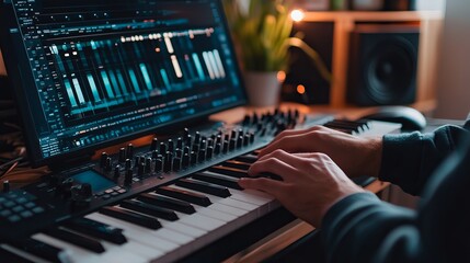 Generative AI music creation transforms text into audio using language audio models. An individual utilizes AI to convert text into musical compositions. 