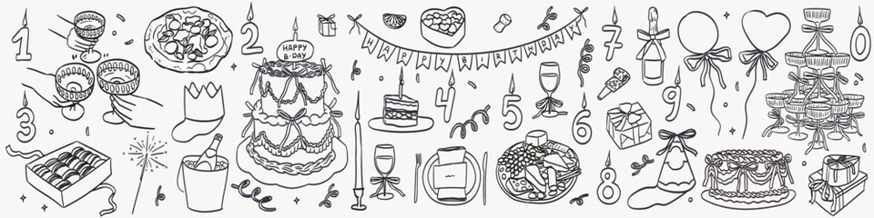 Hand drawn chalk food vector illustrations. Birthday party doodle icons. Wine or champagne glass, cheese, charcuterie drawings for b-day invitations, cafe and parties menus. Anniversary celebration. © KPstudio