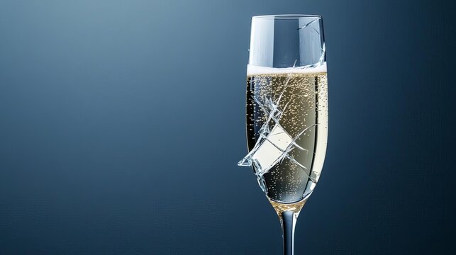 Fractured champagne flute with bubbles rising and liquid sparkling
