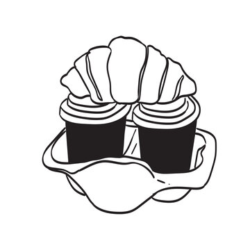 Takeaway coffee with croissant in paper container. Line drawing of coffee with bakery dessert for breakfast. Drawings set perfect for cafe or restaurant menu, placard or poster in doodle ink style.