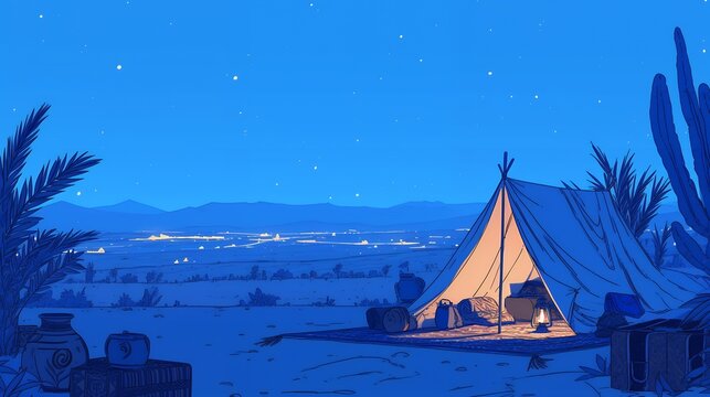 Arab desert night scene, campire, tents, camels