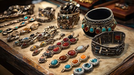 A Collection of Ornate Jewelry with Gemstones on a Wooden Surface