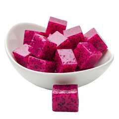 Pink Dragon Fruit Cubes in White Ceramic Bowls, Isolated on Transparent Background