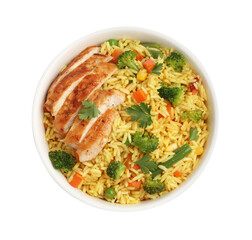 Tasty rice with vegetables and chicken isolated on white, top view
