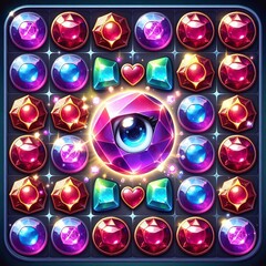 A vibrant and colorful arrangement of glowing gems and jewels in various shapes, resembling a puzzle or match-3 game board