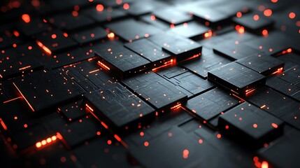 Fototapeta premium Abstract dark metallic surface with red glowing lines and squares.