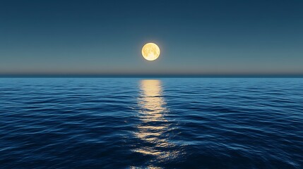 A serene ocean scene illuminated by a full moon reflecting on the water's surface.