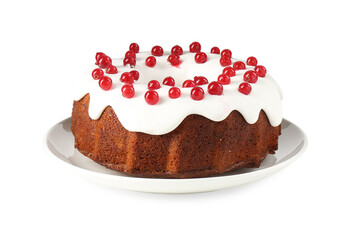 Tasty Christmas cake with red currants isolated on white