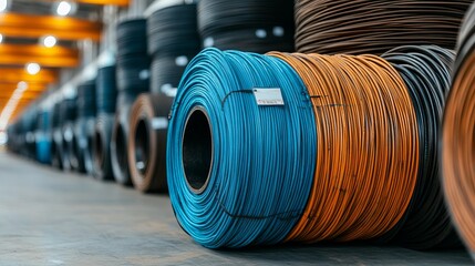 A vibrant display of large cable spools, featuring blue and orange wires, arranged in a well-lit storage area, creating a striking industrial aesthetic.