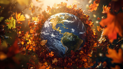 Embrace the autumnal equinox! a vibrant globe encircled by autumn leaves, symbolizing seasonal change and the interconnectedness of nature and our planet. a beautiful 3d render. Equinox. Illustration