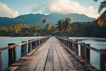 Obraz premium A serene wooden pier extends into calm waters, surrounded by lush mountains and palm trees.
