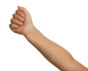 Little child on white background, closeup of hand