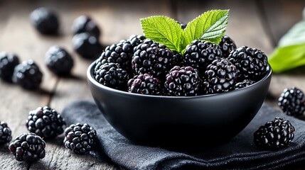 Fresh blackberries in a black bowl on a rustic wooden table.