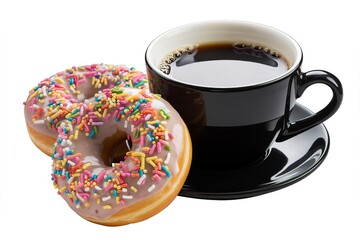 a black cup filled with coffee and two doughnuts