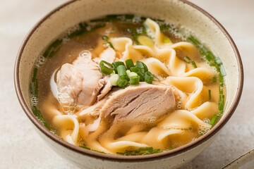 a bowl of chicken noodle soup. The soup is filled with tender chicken pieces and wide noodles